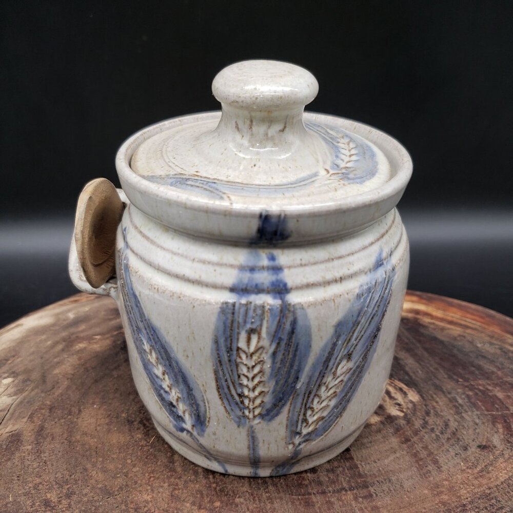 Vintage Studio Pottery Lidded Stoneware Jam Jar Pot Blue Wheat Carved Spoon 5”